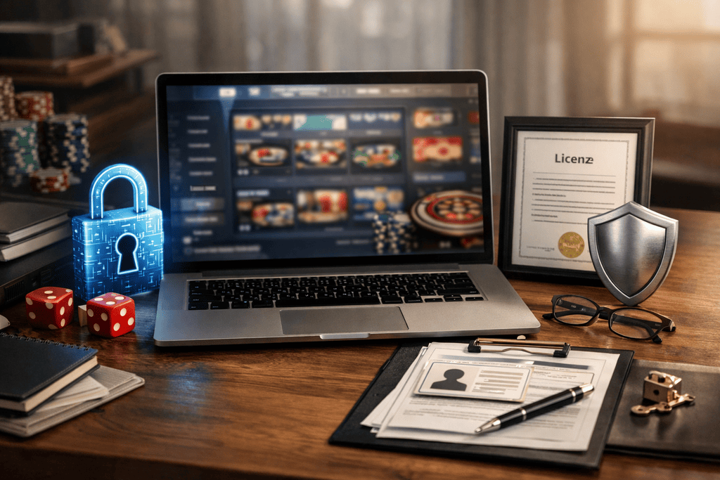 Stilvolle Schreibtischszene mit Laptop, der eine abstrakte Casino-Oberfläche zeigt; daneben Schloss-Symbol, neutrales Lizenz-Zertifikat und Schutzschild-Icon, dezente Hinweise auf Datenschutz, KYC-Prüfung und verantwortungsvolles Spielen; seriöse Atmosphäre mit klarer Komposition und subtilen Casino-Elementen im Hintergrund, passend für einen Artikel über Casino ohne deutsche Lizenz.