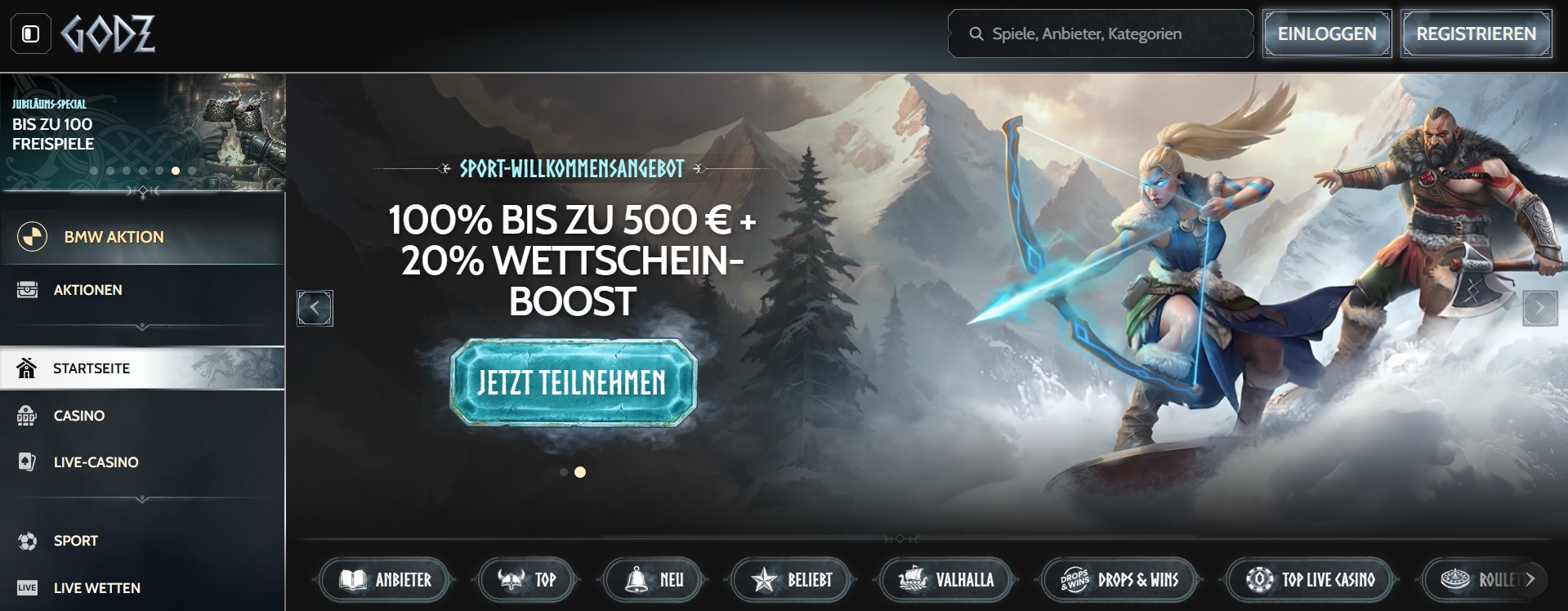 Startseite einer Online-Plattform mit nordischer Mythologie, zeigt Casino- und Sportwetten-Angebote, inklusive Bonusaktionen und klar strukturierter Navigation; die visuelle Gestaltung hebt die Attraktivität von Casino ohne deutsche Lizenz hervor und kombiniert Fantasy-Elemente mit moderner Benutzeroberfläche.