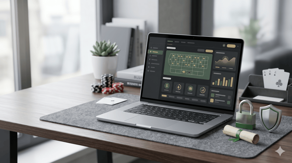 Seriöser Arbeitsplatz mit Laptop, Sicherheits-Icons und dezenten Jetons im Hintergrund als Symbolbild für die Überprüfung von einem Casino ohne deutsche Lizenz auf Sicherheit und Spielerschutz.