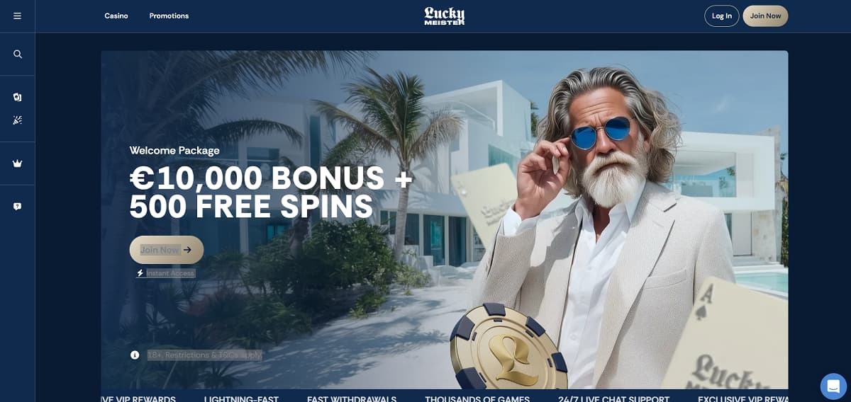 Elegantes Casino-Banner mit luxuriösem Lifestyle-Motiv, zeigt einen stilvollen älteren Mann mit Pokerchip und Karten vor moderner Villa; die Darstellung betont Exklusivität, Bonusangebote und die Attraktivität von Casino ohne deutsche Lizenz für internationale Spieler.